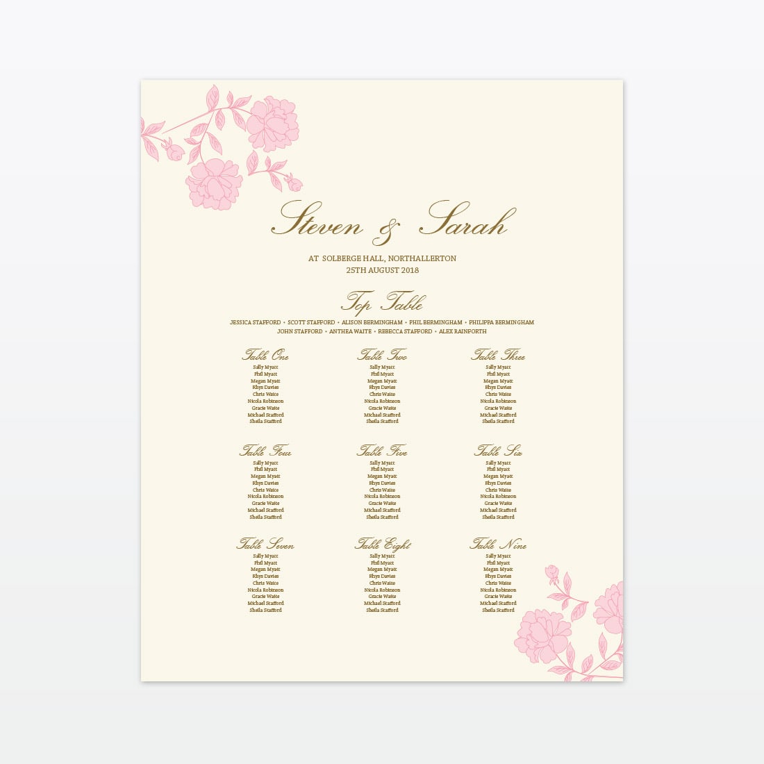 Vintage Rose Table Plan - Wedding Stationery Vintage Rose Table Plan