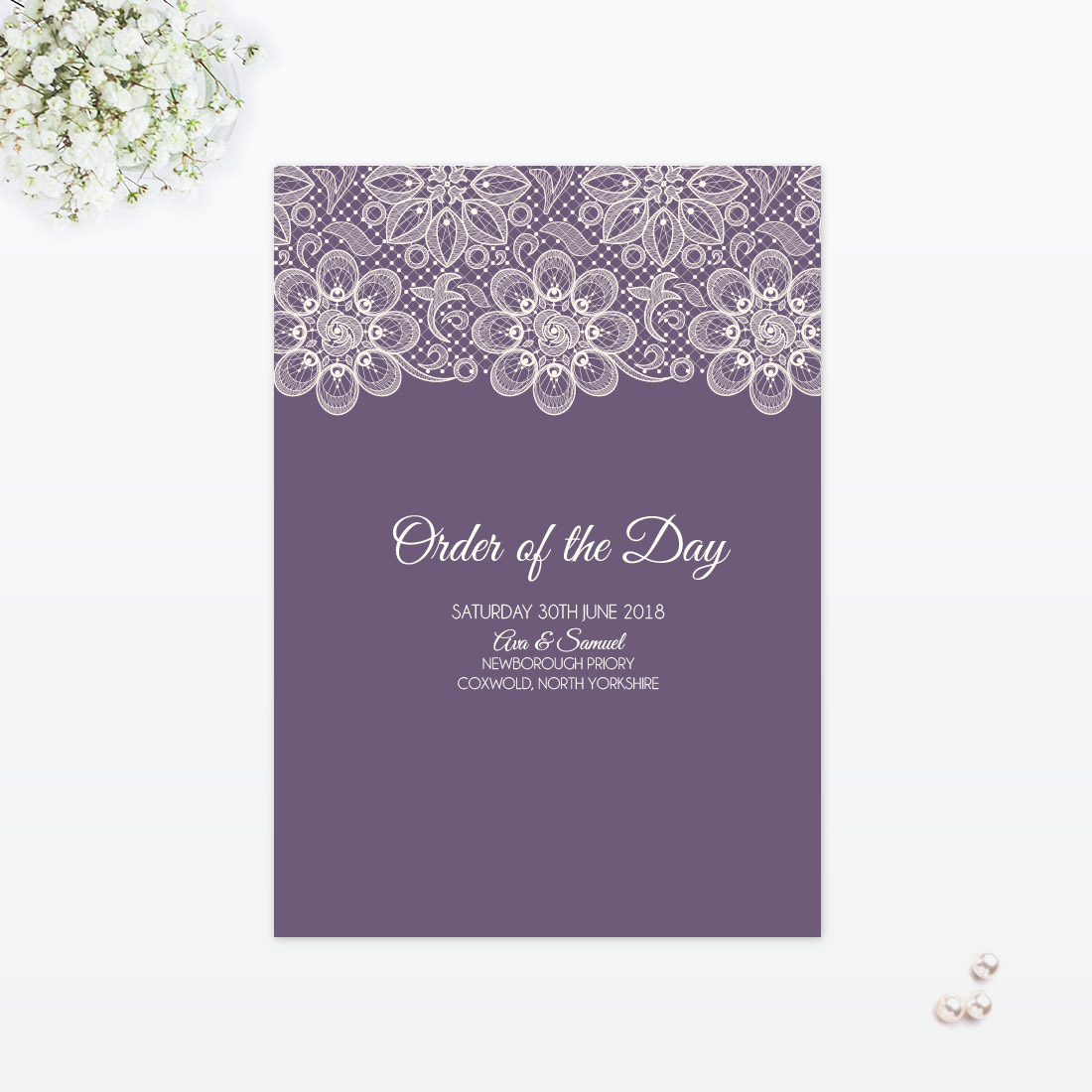 Floral Lace Order of the Day - Wedding Stationery Floral Lace Order of the Day