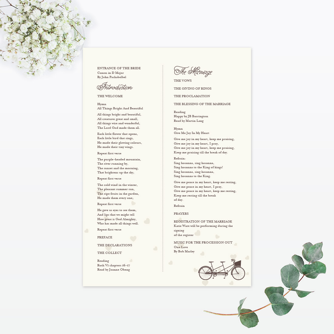 Hearts & Bicycles Order of Service - Wedding Stationery Hearts & Bicycles Order of Service - Image 2