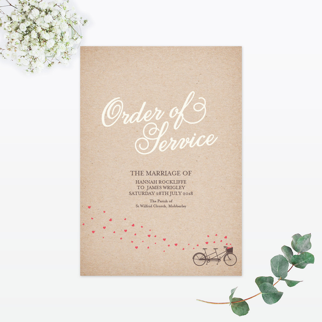 Hearts & Bicycles Order of Service - Wedding Stationery Hearts & Bicycles Order of Service