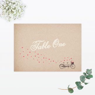 Hearts & Bicycles Table Number - Wedding Stationery Table Numbers