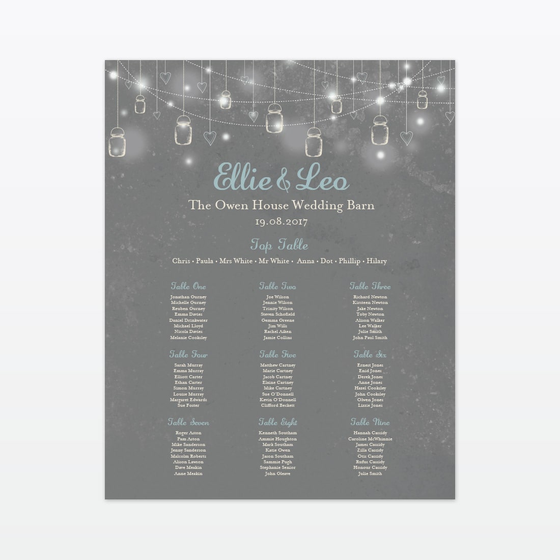 Hearts and Lanterns Table Plan - Wedding Stationery Hearts and Lanterns Table Plan