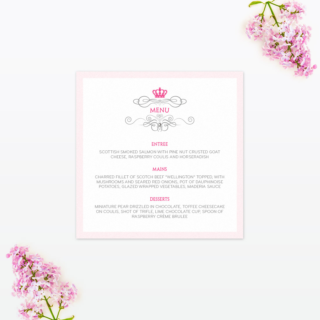 Royal Elegance Table Menu - Wedding Stationery Royal Elegance Table Menu