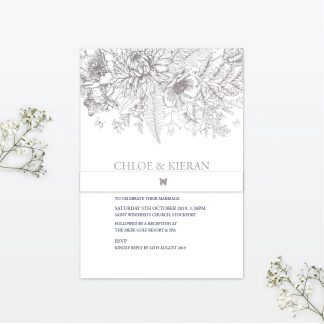 Beautiful Butterfly single card wedding invitation foil bellyband Love Invited