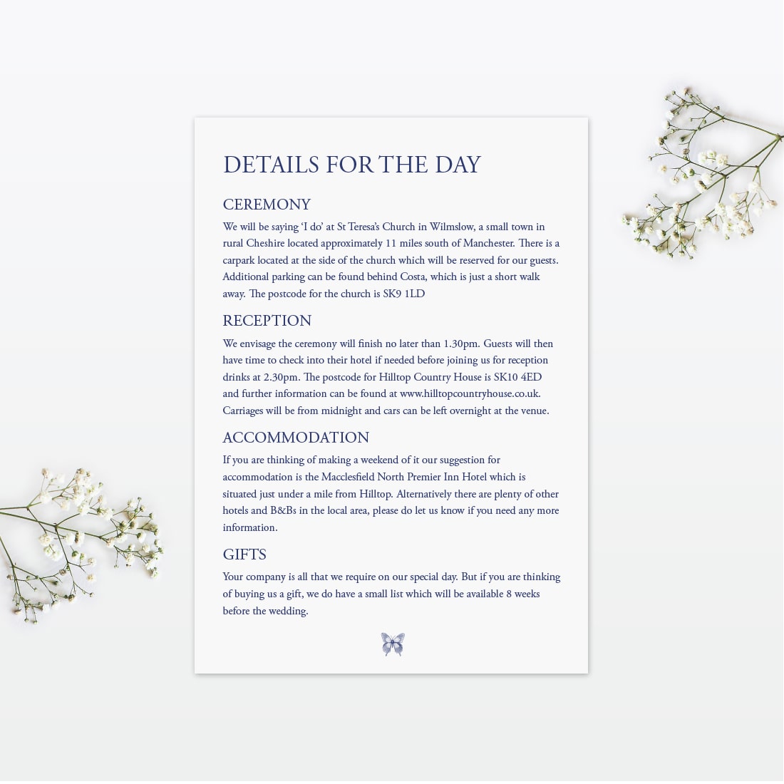 Beautiful Butterfly Additional Information - Wedding Stationery Beautiful butterfly wedding additional information card Love Invited
