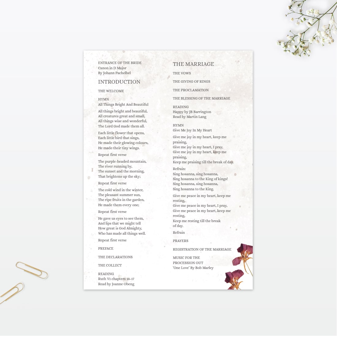 Spring Blossom Order Of Service - Wedding Stationery Spring Blossom wedding order of service vintage Love Invited