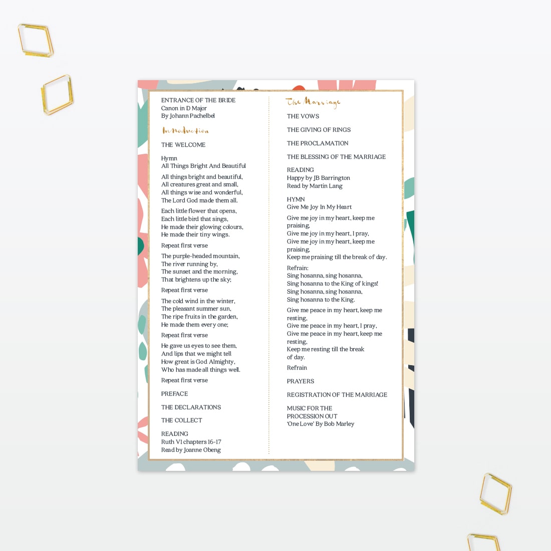 Summertime Order of Service - Wedding Stationery Summertime Wedding Order of Service foil Love Invited