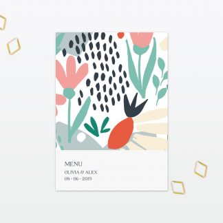 Summertime wedding table menu with foil Love Invited
