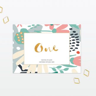 Summertime wedding table number with foil Love Invited
